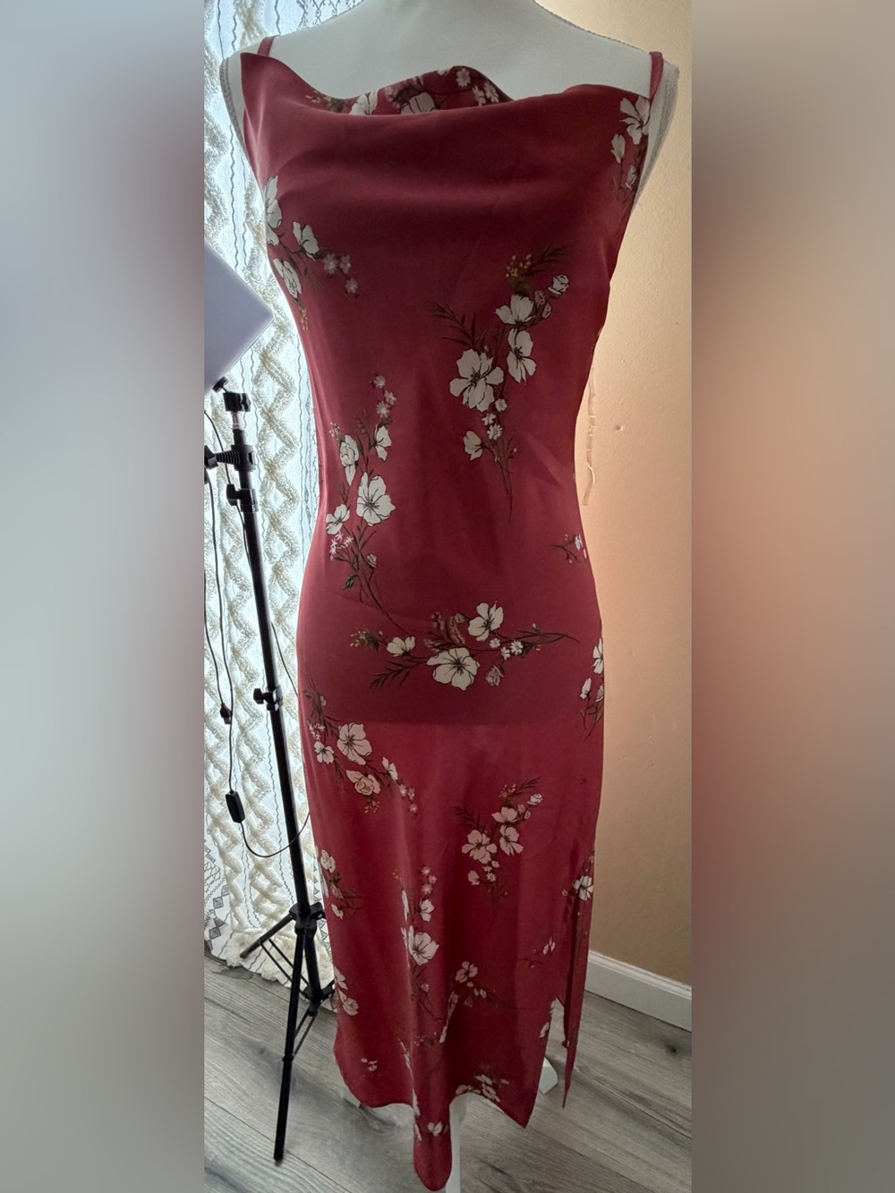 Arden B Rose-Burgundy Floral Cowl Neck Slip Dress
